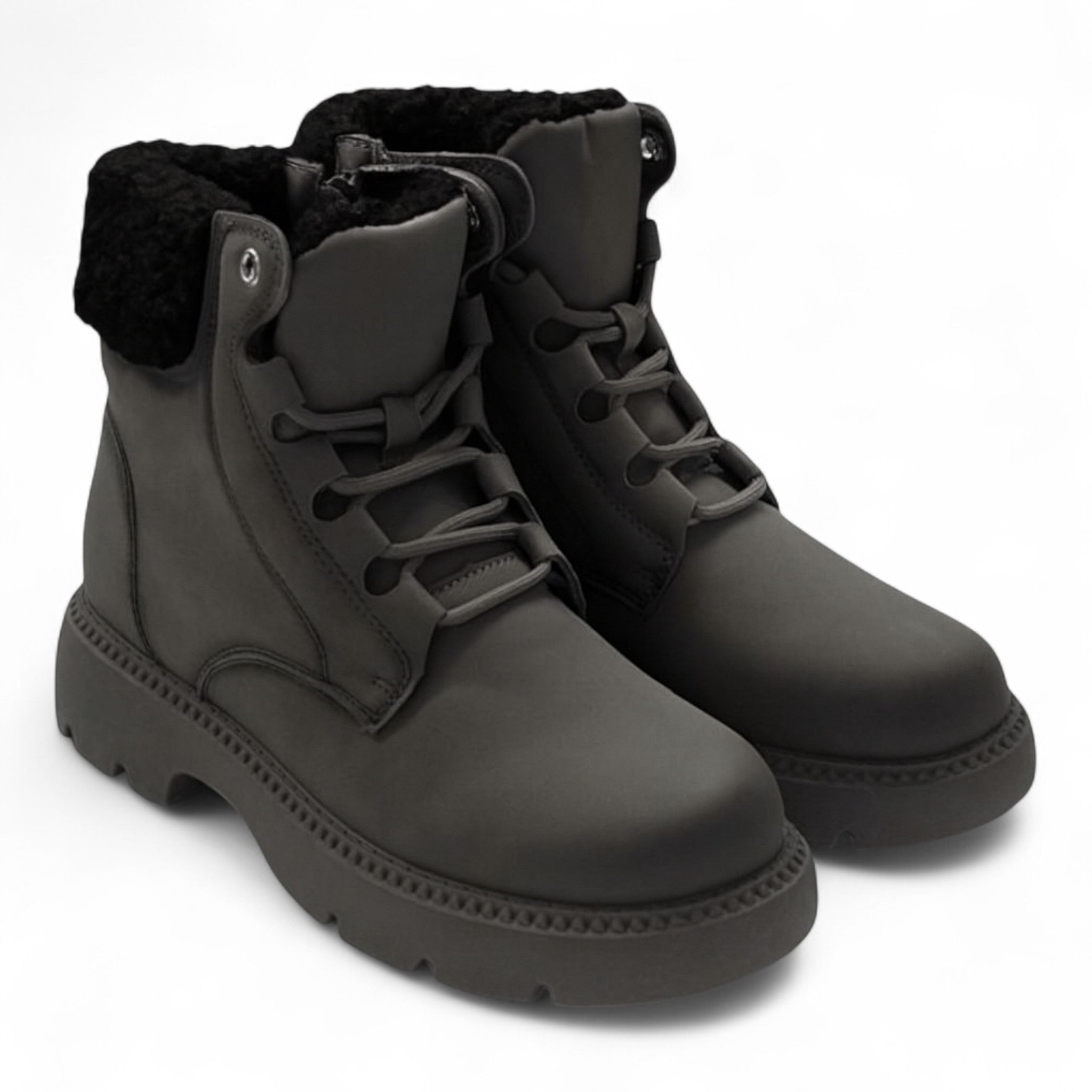 Ladies Dark Grey fleece-lined ankle boots with side zip and warm faux fur collar – stylish winter boots for women.
